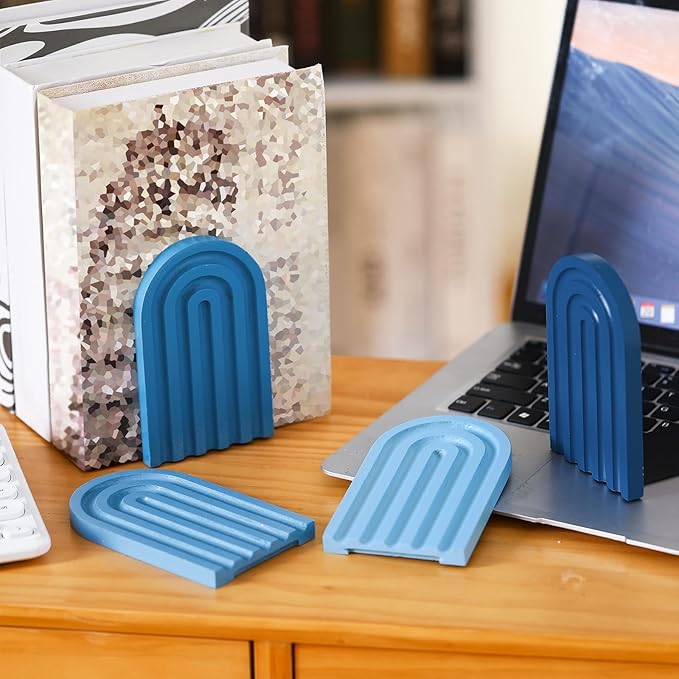 Harloon 4 Pieces Boho Arch Wood Bookends Rainbow Arch Back to School Gift Ideas Non Skid Bookend Decorative Wooden Book Stand Book Stoppers for Books Movies CDs (Denim Blue Color)