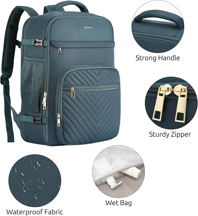 Travel Backpack for Women, Carry On Backpack for Airplanes Flight Approved, Waterproof Large Weekender Overnight Bag Fit 17 Inch Laptop with USB Charging Port, Peacock Blue