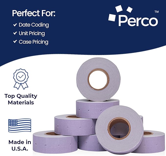 Perco 2 Line Lavender Labels - 8 Rolls, 1 Sleeve, 6,000 Blank Price and Date Gun Labels for Perco 2 Line Price and Date Guns - Made in USA