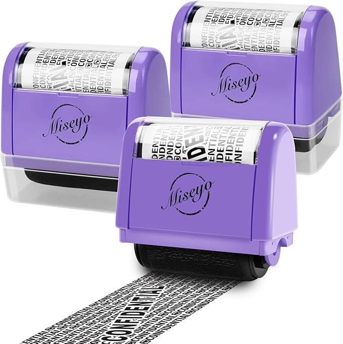 Miseyo Wide Roller Stamp Identity Theft Stamp 1.5 Inch Perfect for Privacy Protection - 3Pack Set (Purple)