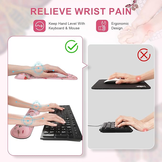 iCasso Ergonomic Mouse Pad with Wrist Rest, Keyboard Wrist Rest Mouse Wrist Rest, Made of Memory Foam, Easy Typing and Relieve Wrist Pain, Perfect for Computer Keyboard Office(Pink Butterfly)