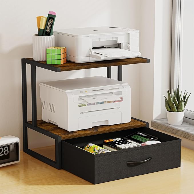Printer Stand with Storage for Desk, with Fabric Drawer Desktop Printer Stand Shelf Organzier for Home Office, for Above and Under Desk Printer Table, Fax Machine Copier Scanner, Rustic Brown