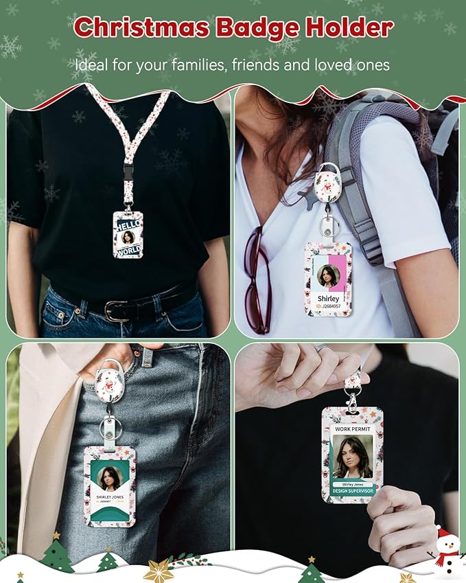 Uniclife Christmas Sliding Badge Holder Cartoon Snowman Hard ID Card Holder with Retractable Badge Reel Carabiner & Detachable Lanyard Strap Vertical Card Protector for Women Nurse Teacher Student