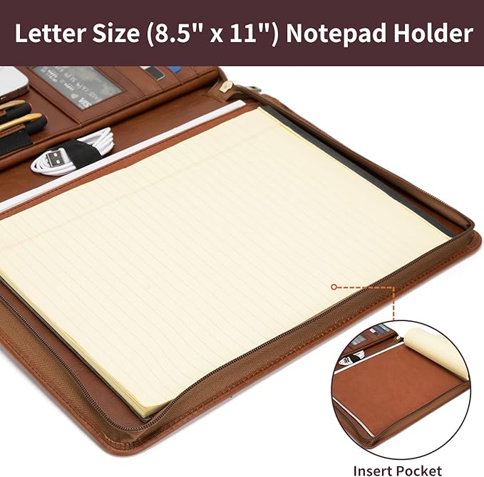 Genuine Leather Portfolio Binder, Zippered Padfolio for Men Women, Business Folio with 8.5” x 11” Notebook Holder and 13” Laptop Sleeve, Professional Executive Folder, Brown, Oil Tanned