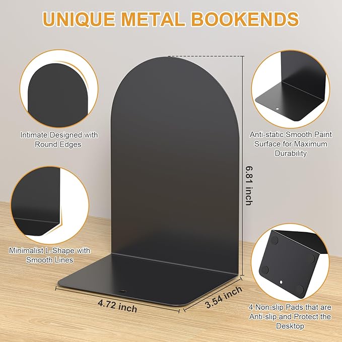 Bookends 4 Pairs, Metal Round Book Ends, Bookends for Shelves, Book Ends for Desk, Book End to Hold Books, Book Stopper, Black Bookend for Home Office