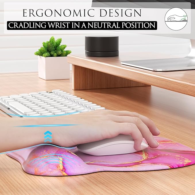 MROCO Ergonomic Mouse Pad with Gel Wrist Rest, Comfortable Mousepad with Smooth Wrist Support Surface and Non-Slip PU Base for Pain Relief, Computer, Laptop, Office & Home, 9.4 x 8.1 in, Pink Marble