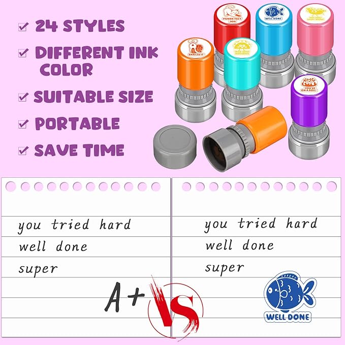 Yinder 24 Pcs Teacher Stamps for Classroom Self Inking Classroom Stamps Bulk for Teachers Elementary Colorful Motivational Encouraging Gifts(Cute Animal)