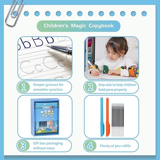 QMUBOT Magic Practice Copybook for Kids, Handwriting Practice Workbook, Reusable Writing Practice Book for Preschool Kids Age 3-8, Calligraphy 7.9in×5.5in (5 Books with Pens)