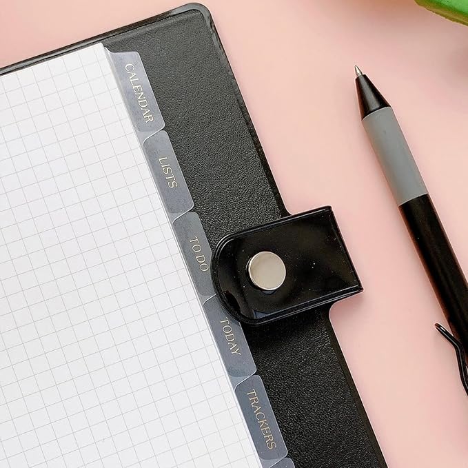 DY.2ten Black Binder Dividers for 6-Holes Ring Binder, 1/6 Cut Tabs, A6 Size, Sturdy Plastic Dividers with 6 Tabs for School Office Home, 2 Sets, 12 Dividers, 2 Tab Stickers.