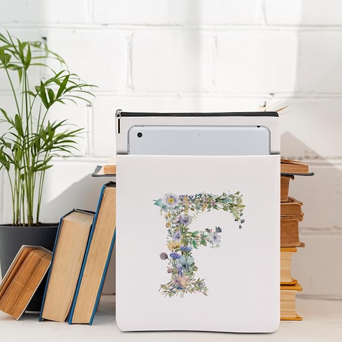 Monogrammed Book Sleeve Floral F Initial Book Pouch Book Accessories Book Lovers Gifts Waterproof Book Cover Book Protector Bookish Gifts Personalized Gifts for Women Girls Readers Bride Boss Lady