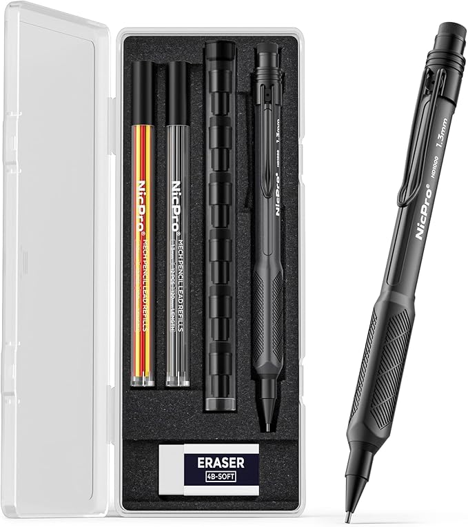 Nicpro 1.3 mm Mechanical Pencils Set with Case,Thick Mechanical Pencil with 24 Lead Refill, Erasers, Weatherproof Metal HD1000 Heavy Duty Carpenter Pencil for Outdoor Marking Drafting Drawing