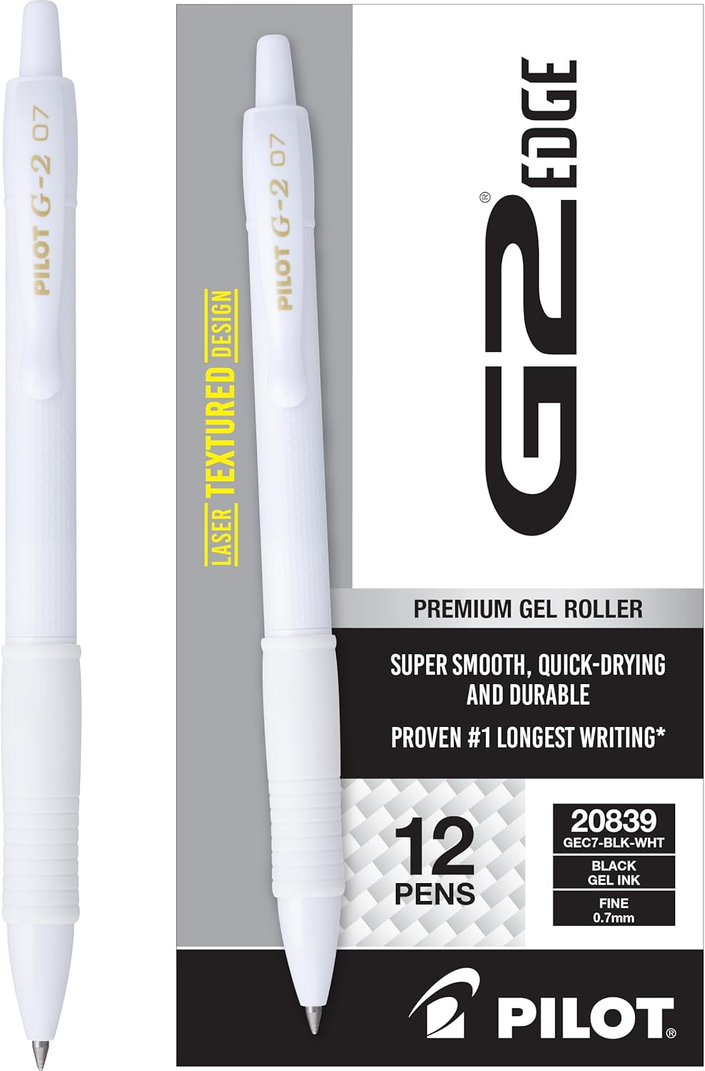 PILOT, G2 Premium Gel Roller Pens, G2 Edge White, Sensory Writing Experience, 12ct box, Fine Point 0.7 mm