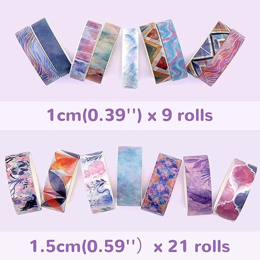 Washi Tape Set 30 Rolls - Colored Decorative Tape, Adhesive Art Tapes for Journaling, Scrapbooking Supplies, DIY Crafts, Junk Journal, School Supplies, Pink Purple Washi Tpae