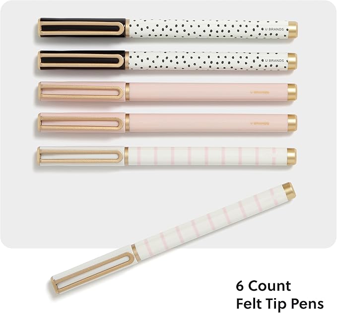 U Brands Catalina Felt Tip Pens, Set of 6, Classic Chic Stripes and Dots with Gold Details, Medium (0.7 mm) Point, Black Ink