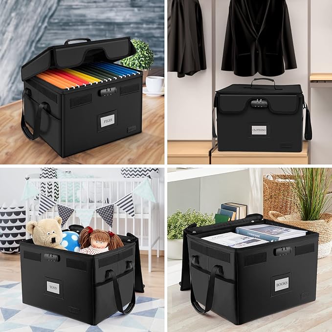 AMBOR File Box with Lock, Fireproof Document Box with 5 Tabs, Collapsible File Organizer with Handle for Home Office for Letter & Legal Folder/Certifications/Books Storage, Black