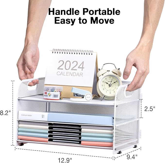 3-Tier Letter Tray Paper Organizer with Handle,Compact Mesh Desk File Organizer for Home Office Supplies Desktop Accessories,White