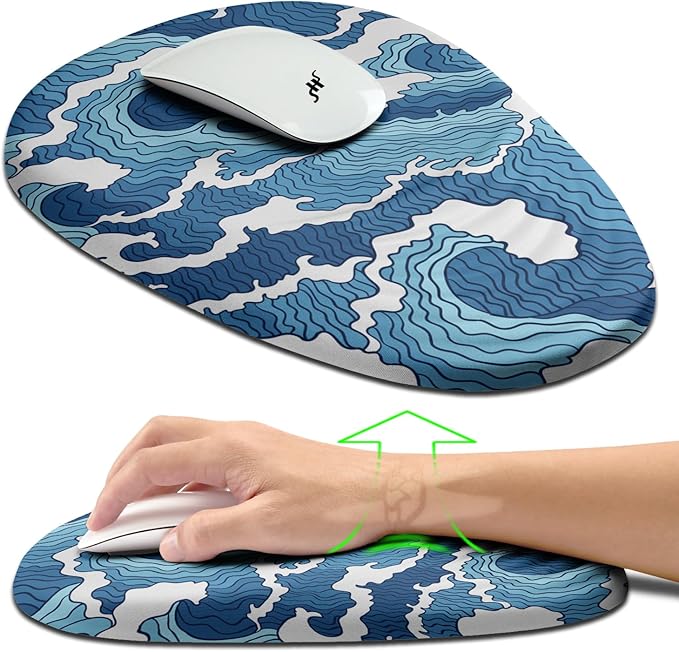 Hokafenle Ergonomic Mouse Pad Wrist Support, Terraced Slope Carpal Tunnel Wrist Pad for Mouse with Unibody Memory Foam, Wrist Rest Pain Relief Mousepad (Abstract Waves, 11.8x7.9 in)