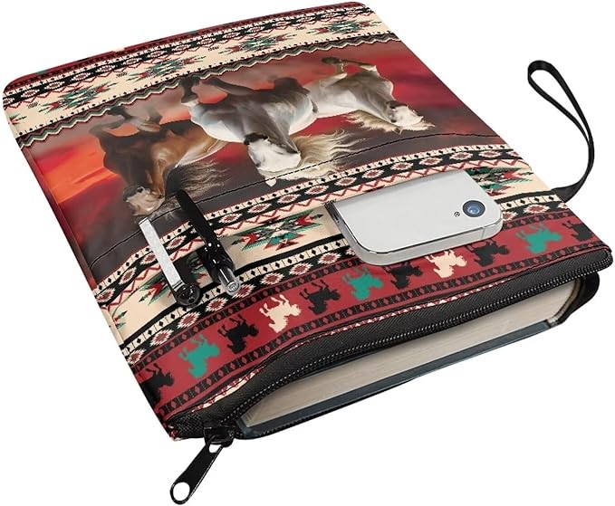 COEQINE Horse Book Cover with Zipper 9x11 Inch Large Capacity Book Sleeves Cover with Pen Holder Pocket for Portable Book Travel Book Lovers