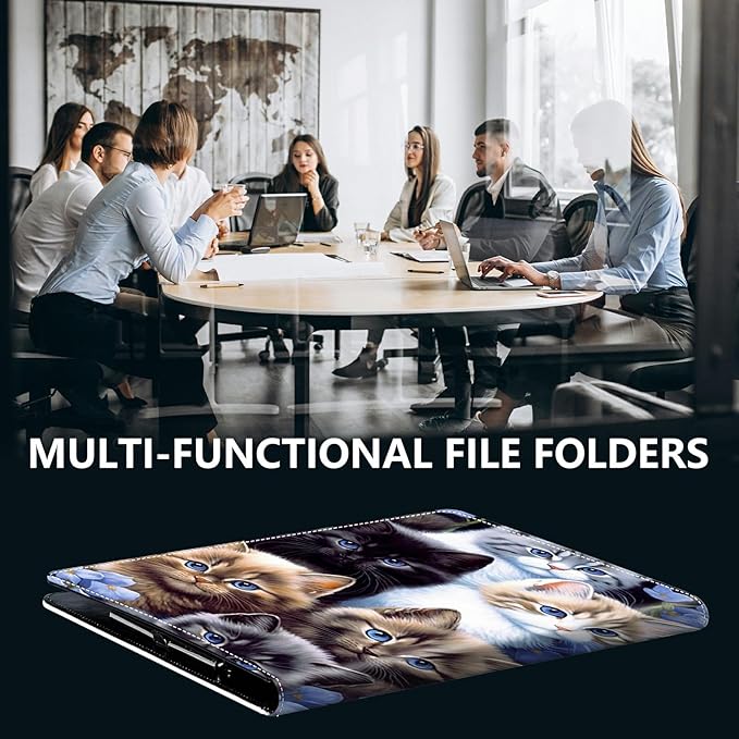 PU Leather Padfolio Clipboard Notepad with Pen Loop and Elastic Strap Interview/Resume Document Organizer for Business School Office,Cute Cats