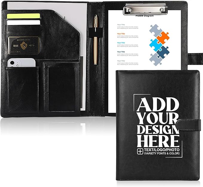 Personalized Portfolio - Customized Leather Portfolio with Personalized Logo or Text - Ideal for Resumes, Interviews, and Professional Business Use, Black
