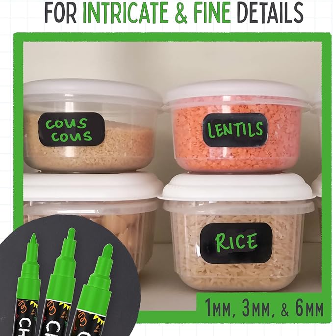 5 Green Chalkboard Chalk Pens - Green Dry Erase Markers for Blackboard, Chalkboard Signs, Windows, Glass | Variety Pack - Fine & Jumbo Size Ink Pen (1mm, 3mm, 6mm, 10mm, 15mm)