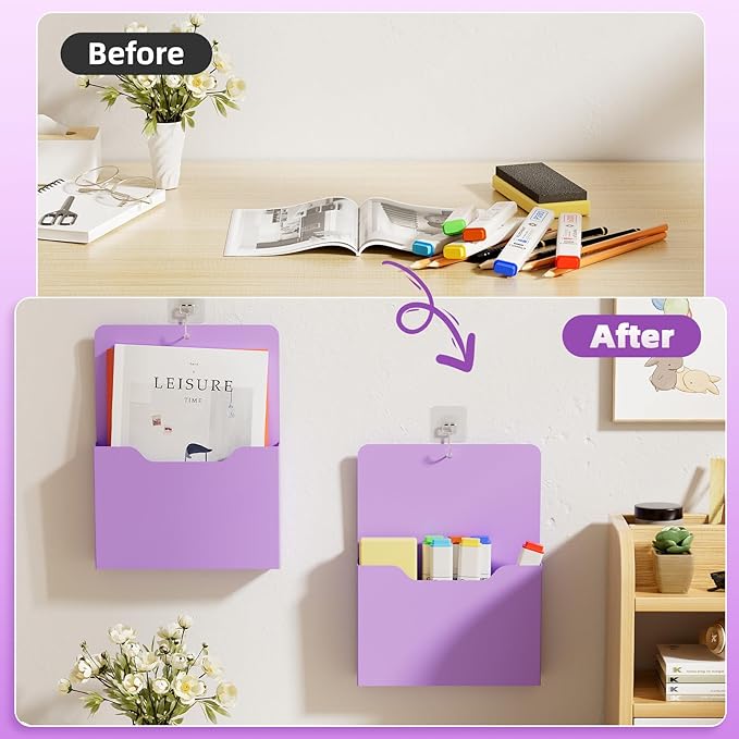2 Pack Magnetic File Holder - Paper Holder, Pocket Organizer,Hanging Wall File Organizer Office Supplies Storage, Magazine Mail Organizer Case for Notebooks,Planners,Letter (Purple)