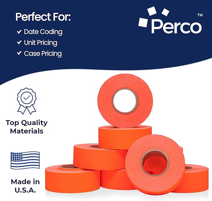 Perco 1 Line Fluorescent Red Labels - 80 Rolls, 10 Sleeves, 80,000 Blank Price and Date Gun Labels for Perco 1 Line Price and Date Guns - Made in USA