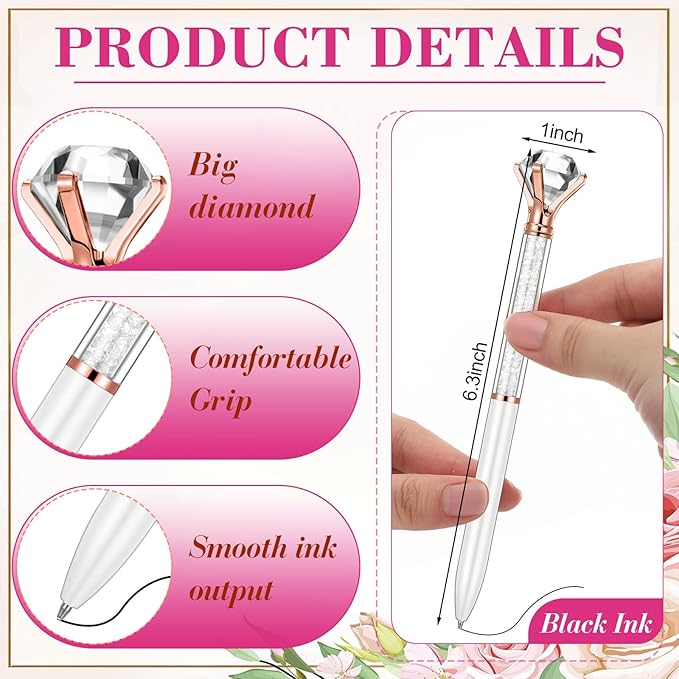Sherr 100 Pack Big Crystal Diamond Pens Cute Ballpoint Pens Retractable Ballpoint Rhinestones Crystal Bling Gem Plated Black Gel Ink Office Supplies Gifts for Women(White,Glitter)