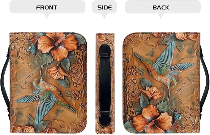 Lotusorchid Large Faux Leather Bible Cover, Hummingbird Bible Cover Case for Women with Handle Pocket, Hibiscus Bible Book Carrying Bags Bible Tote Bag, Bible Study Accessories, Orange, L