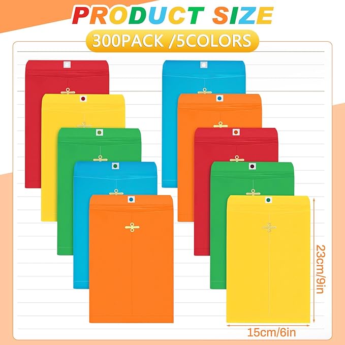 Geyee 300 Pcs 6 x 9 Inch Clasp Envelopes Manilla Envelopes Gummed Mailing Envelopes 28lb Kraft Clasp Closure for Storing or Mailing Colored Envelopes for Home Office Business(Rainbow Color)