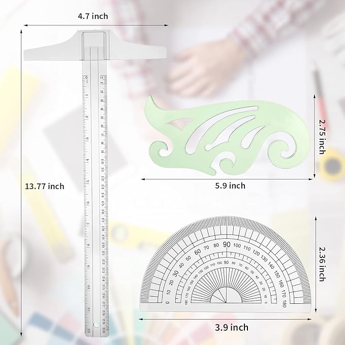 5 Pieces Drafting Tools Plastic Transparent Rulers Drawing Ruler 12 Inch T-Square 180 Degree Protractor, 2 Triangles and a French Curve for Students and Engineering Drawing