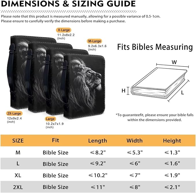 Lotusorchid Lion Print Faux Leather Bible Covers for Men, Portable Zippered Bible Carrying Case Bible Tote Bag for Women Girls, Christian Bible Study Accessories, Black, M