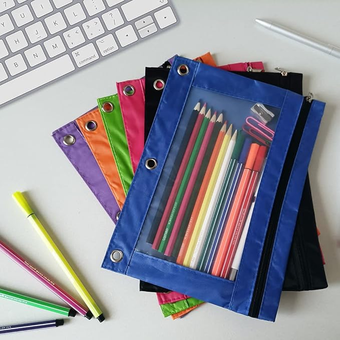 YoeeJob Binder Pouches for 3 Ring Binder, Pencil Pouch Pen Holder Case with Clear Window, Zipper Stationery Bag for School Class Office,24 Pack, Blue
