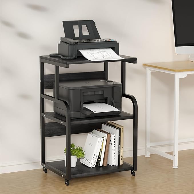 Large Printer Stand with 3-Tier Wood Storage Shelves -Multi-Purpose Desk Organizer- for Printer Scanner Fax Home Office Use with Wheels (Black)