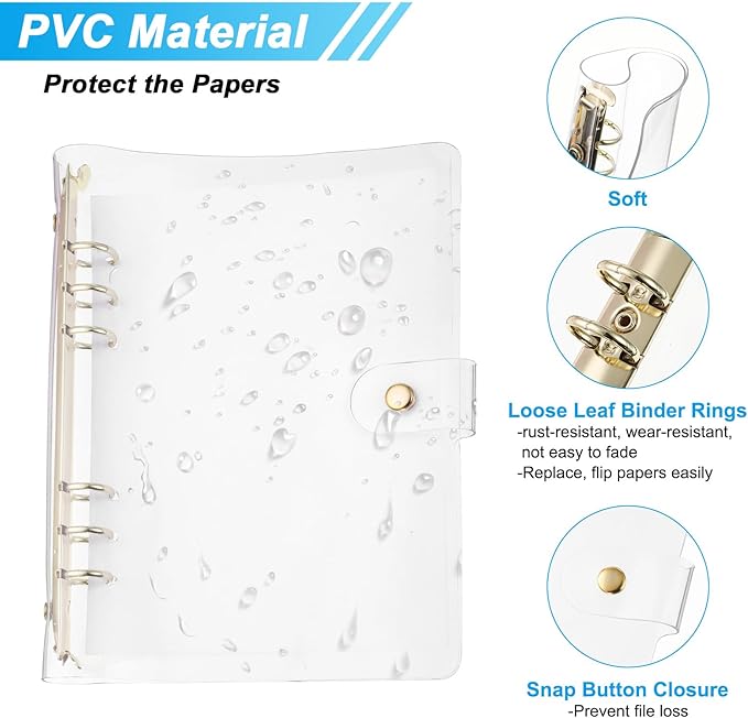 PATIKIL A5 Clear Binder Cover, 2Pcs Soft PVC Loose Leaf Binder Protector Refillable Notebook Shell with Snap Button Closure 6 Ring for DIY Meeting Notebook Folder,Gold Tone and Silver Tone