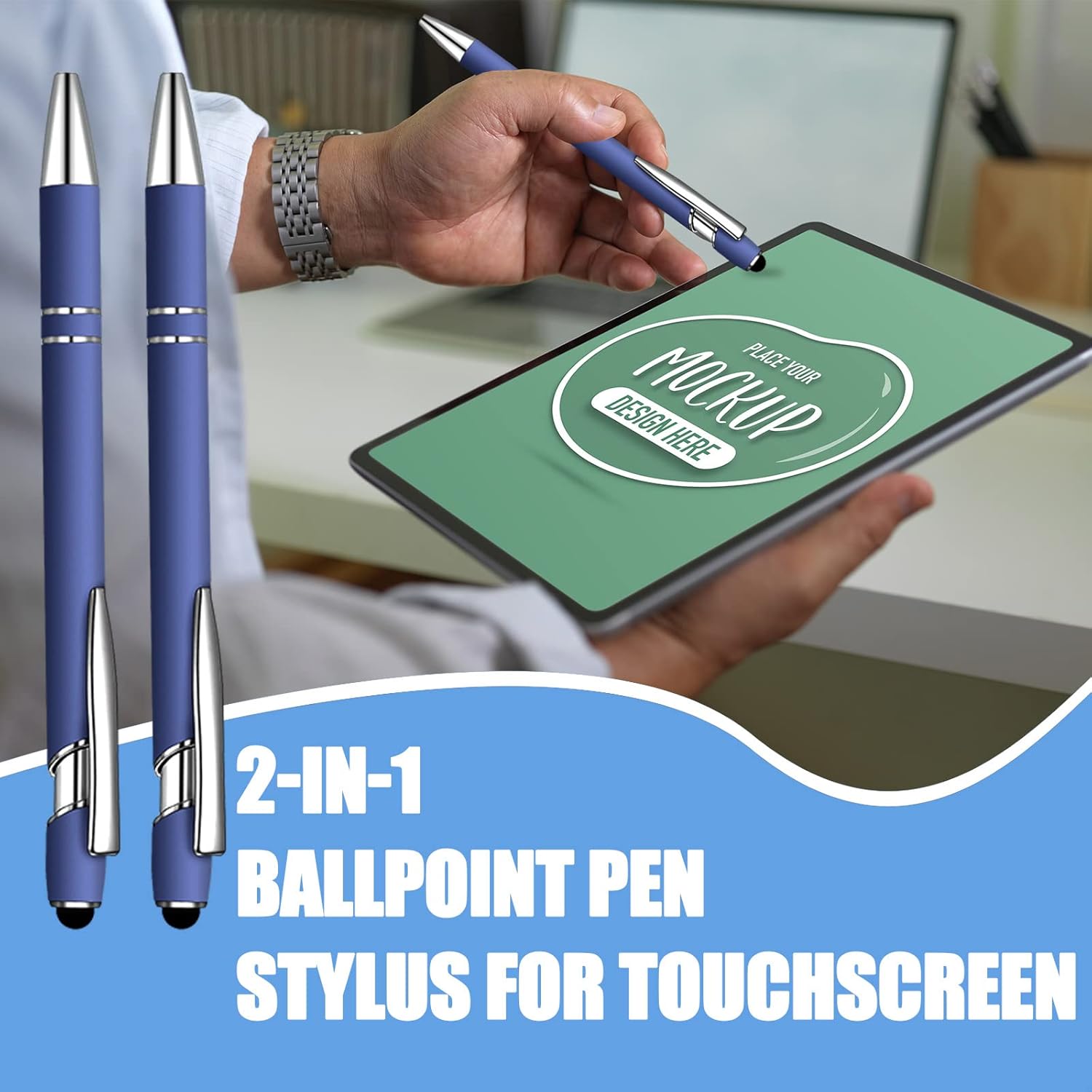 8 Pcs Blue Ink Ballpoint Pen with Stylus Tip 2 in 1 Stylus Ballpoint Pen Metal Pens Stylus Pen for Touch Screens School Office Coworkers (Navy Blue)
