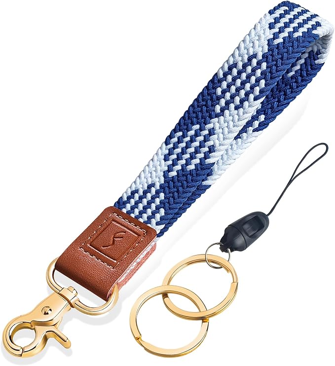 Fishent Stretchy Wristlet Keychain,Braided Cute Wrist Lanyards for Keys, Key Chain Holder for Women Men, Wrist Strap Keychain for Car Keys Phone Camera Wallet ID Badges Card (Blue-White)