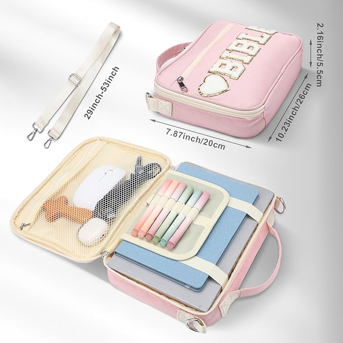 Silkfly Large Chenille Letter Bible Cover for Women Preppy Patch Bible Case Church Bible Bag with Handle(Pink)