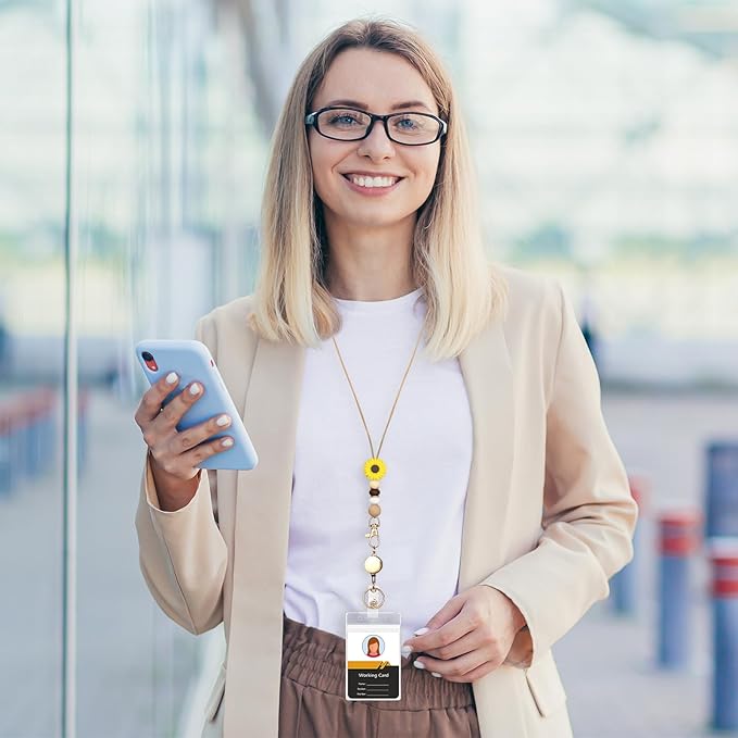 Colorful ID Badge Holder with Silicone Beads Lanyard Set,Cute Teacher Breakaway Lanyard for Keys & Keychain with Cute Retractable Badge Reel Holder,Gift for Women,Nurse, Teacher. (Yellow Daisy)
