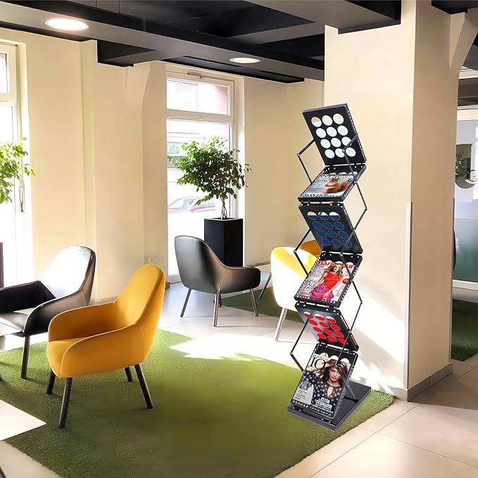 Folding Literature Rack, 6 Pockets Metal Brochure Holder Stand Floor Standing Magazine Rack，Double-sided Display Flyer Holder Stand Literature Stand for Trade Show Office Store Home