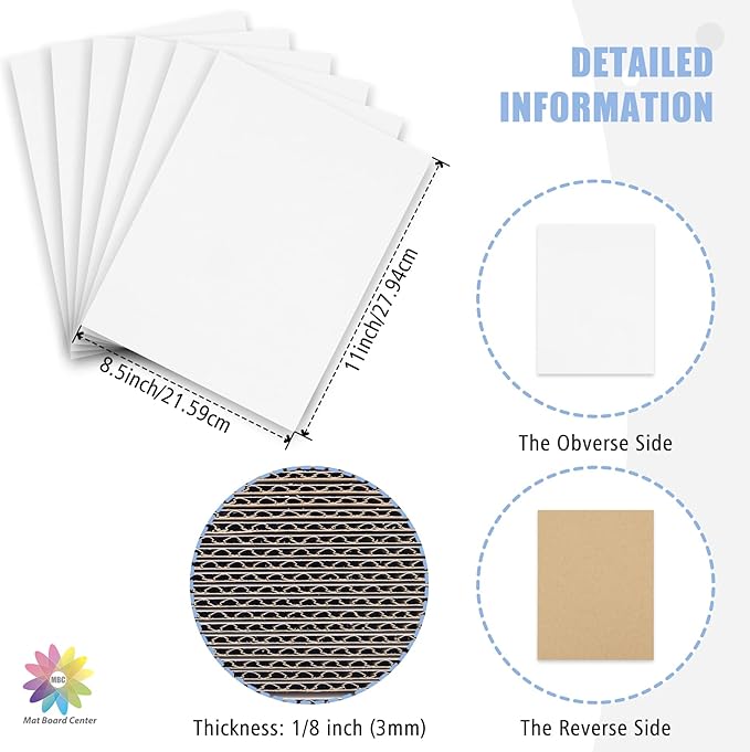 Mat Board Center, 25 pack 8.5x11 Corrugated Cardboard sheet, 1/8 inch thick, Flat Cardboard Inserts for Mailing, Packaging & Shipping, Cardboard Backing, Craft Card Board (White on one side)