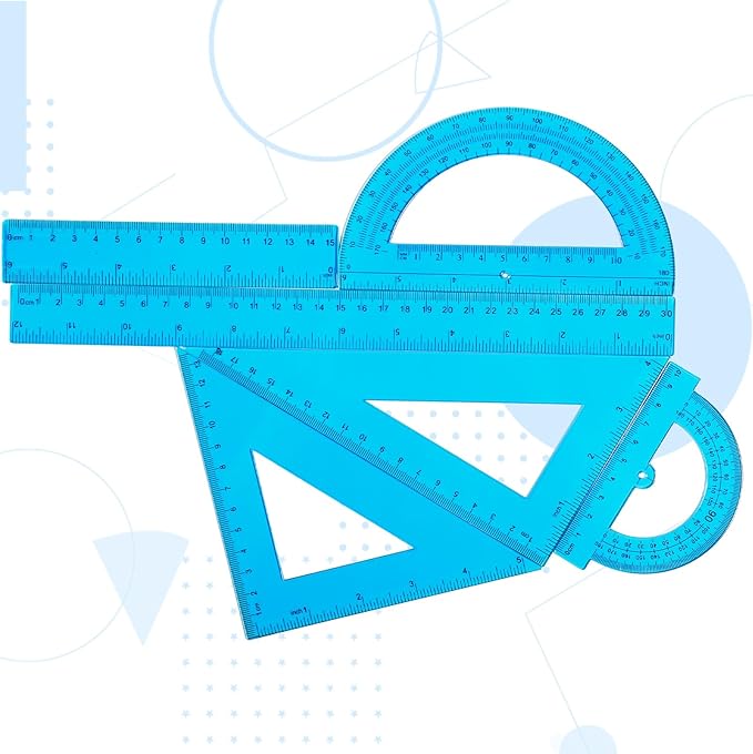 Tenare 6 Pcs Plastic Ruler Math Set Includes 12 Inch 6 Inch Straight Ruler Protractor Triangle Rulers Geometry Transparent Math Ruler Measuring Tools for School Office Home(Blue)