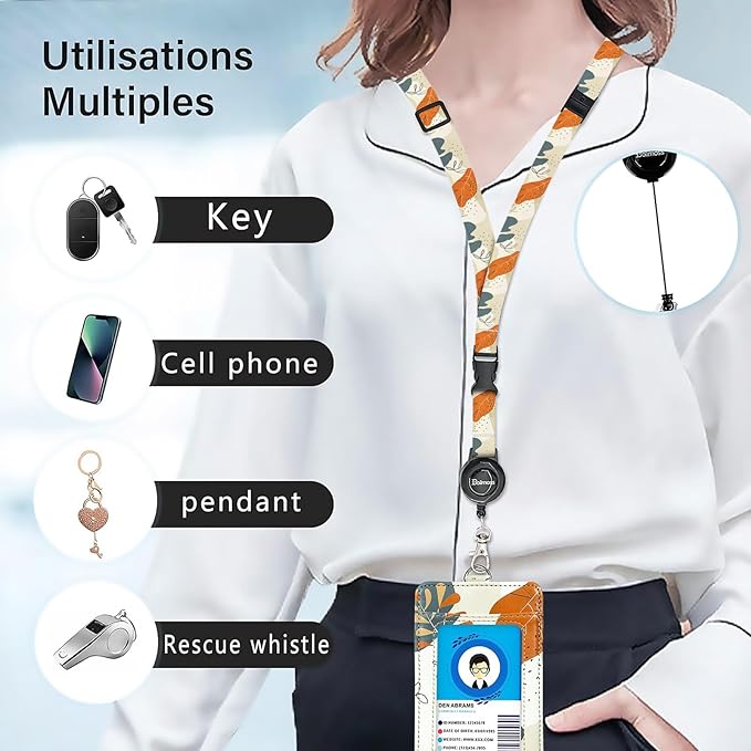 Leather ID Badge Holder with Detachable Lanyards,Adjustable Lanyard with Retractable Reel, Quick Release Buckle and Safety Breakaway Lanyards & Swivel Metal Clasp for Work Nurse Teacher (Desert Leaf)