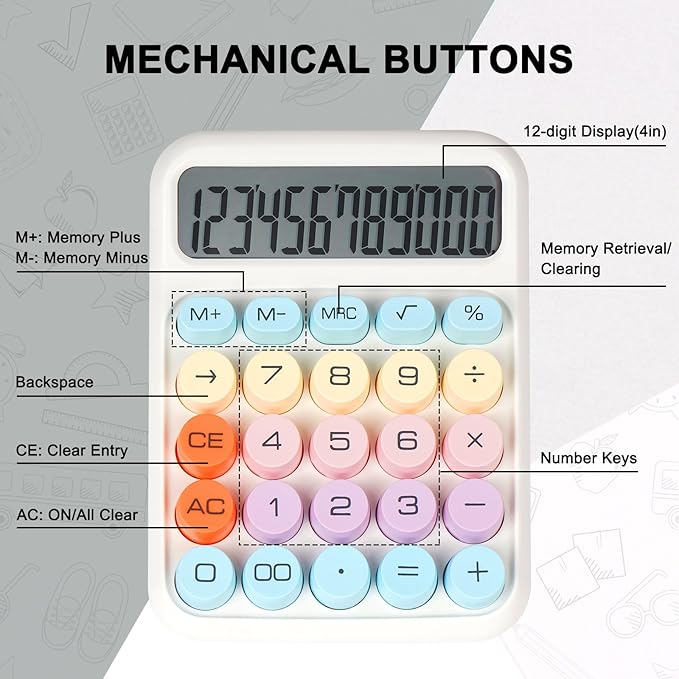 Mechanical Switch Calculator with Big Buttons, Calculators Desktop, 12 Digits, Large LCD Display, Desk Calculator, Cute Pink Calculator for Teachers Students Basic Office (White)