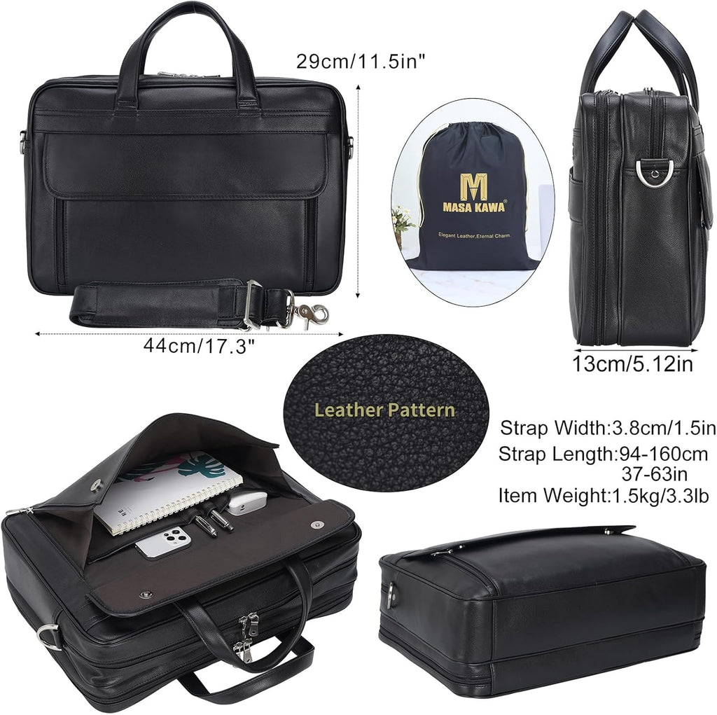 Masa Kawa Leather Briefcase for Men 15.6" - 17" Laptop Computer Case Business Travel Work Messenger Cross Body Shoulder Bag