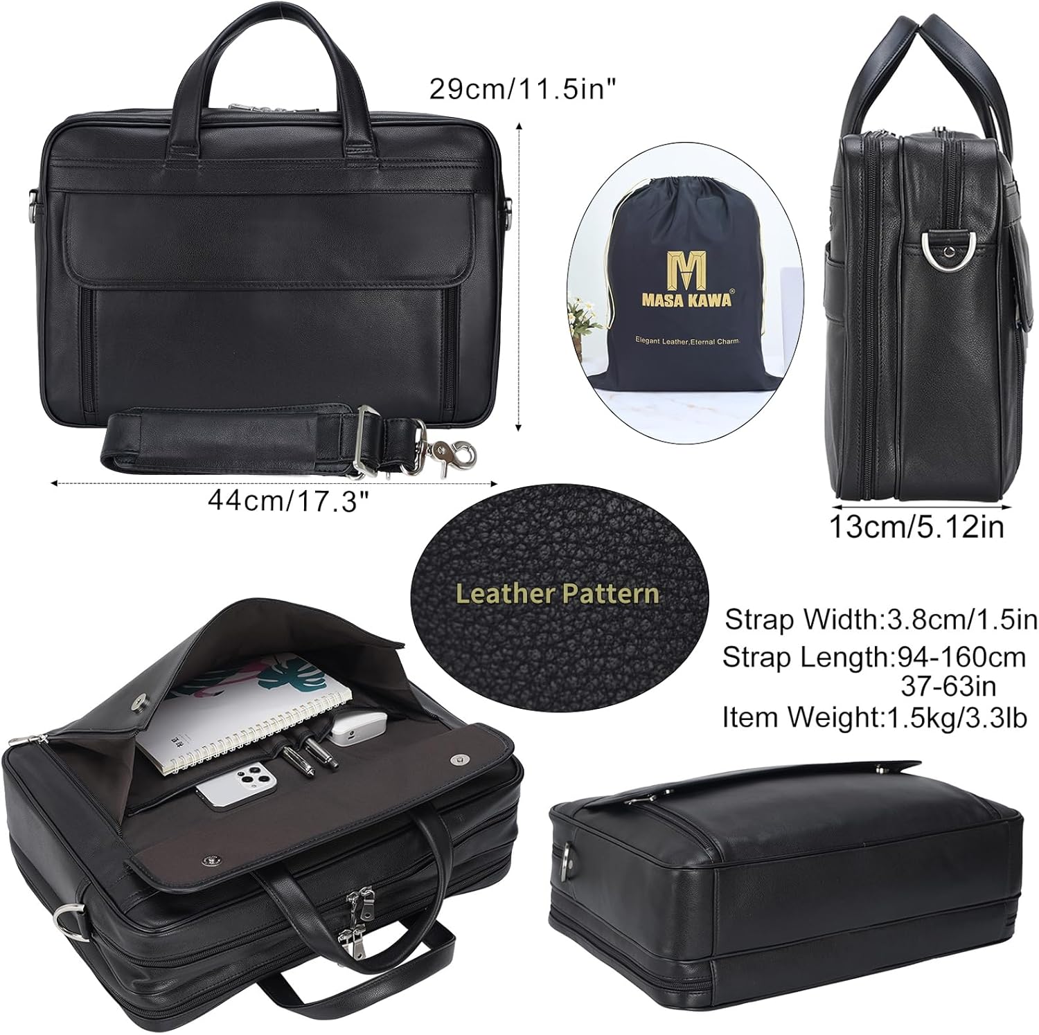 Masa Kawa Leather Briefcase for Men 15.6" - 17" Laptop Computer Case Business Travel Work Messenger Cross Body Shoulder Bag