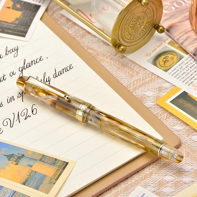 Asvine V126 Vacuum Filling Fountain Pen Brown Swirl Transparent Acrylic, Medium Nib Large-Capacity with Gift Case