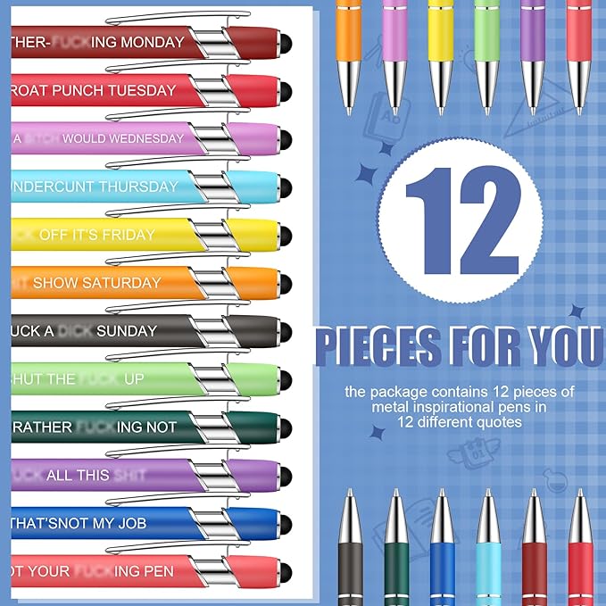 Zonon 12 Pieces Inspirational Pens Bulk Easter Basket Stuffers Motivational Quotes Ballpoint Pens with Stylus Tip Inspirational Gifts for School Office Teachers(Fancy Color,Funny Week)