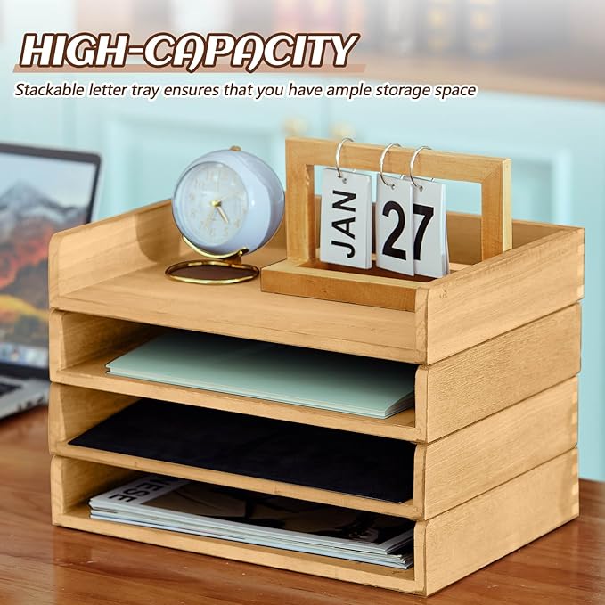 Yeaqee 4 Pcs Stackable Paper Tray Letter Tray Desktop Letter Size Wood Desk Organizer Office Wooden Desk Shelf Paper Holder Folder Organization Rack for Mail File Letter Document (Light Wood Color)