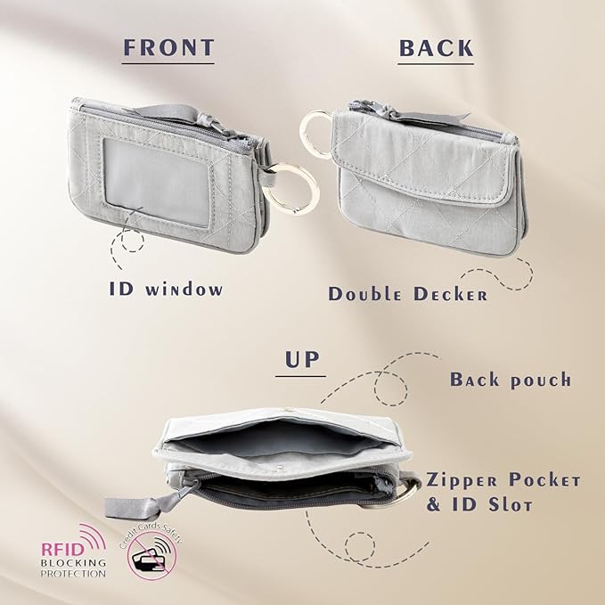 WONDERFUL FLOWER Card Holder, RFID Blocking, ID Holder with Lanyard for Men and Women, Dual Pockets, Badge Holder, Lanyard Wallet, Fabric Keychain ID Pouch, Gray